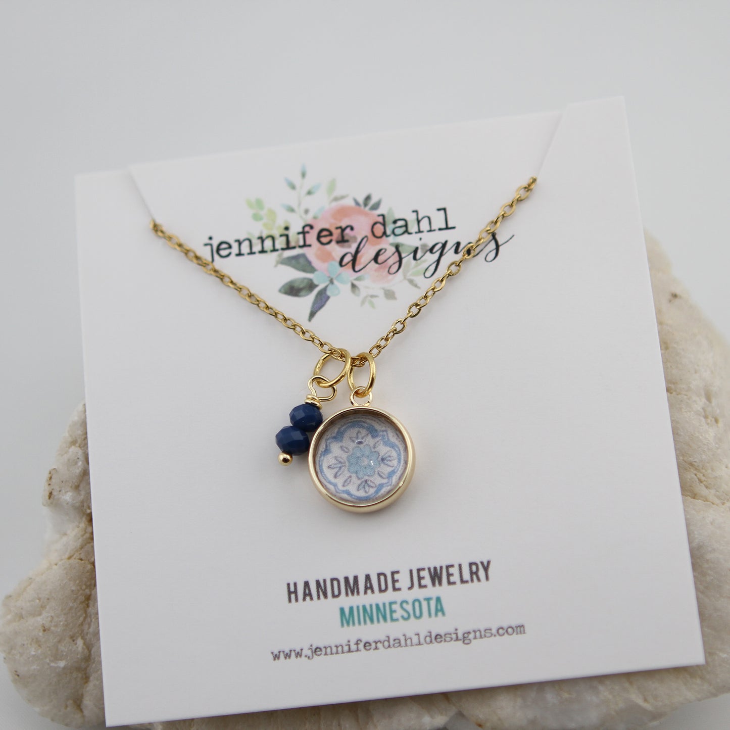 Vintage Wallpaper Aqua and Navy Floral Necklace