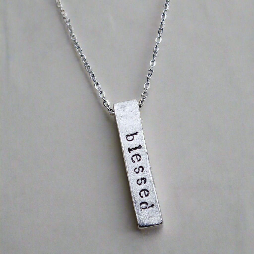 Silver bar charm with custom word on silver chain