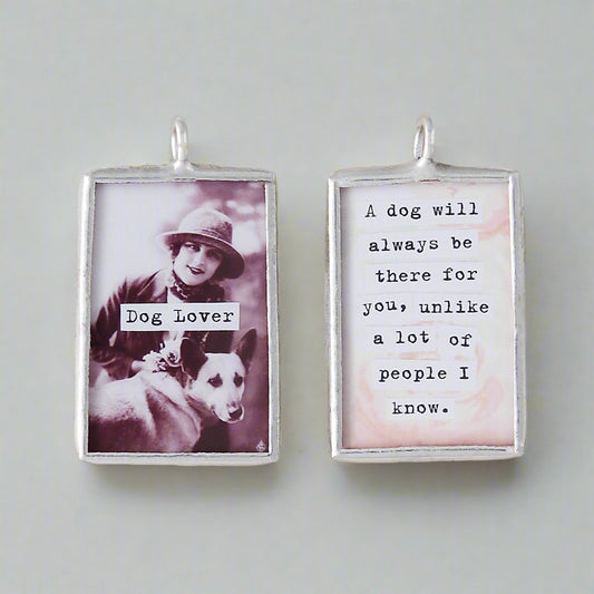 Soldered Jewelry charm that says Dog Lover with vintage photo