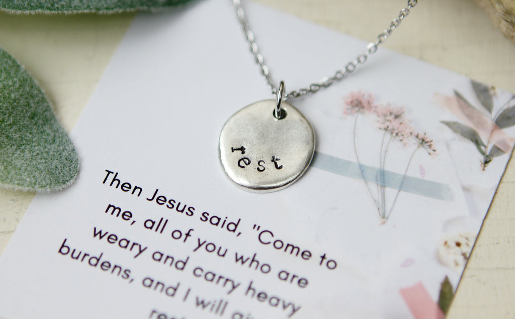 Rest Hand Stamped Scripture Necklace