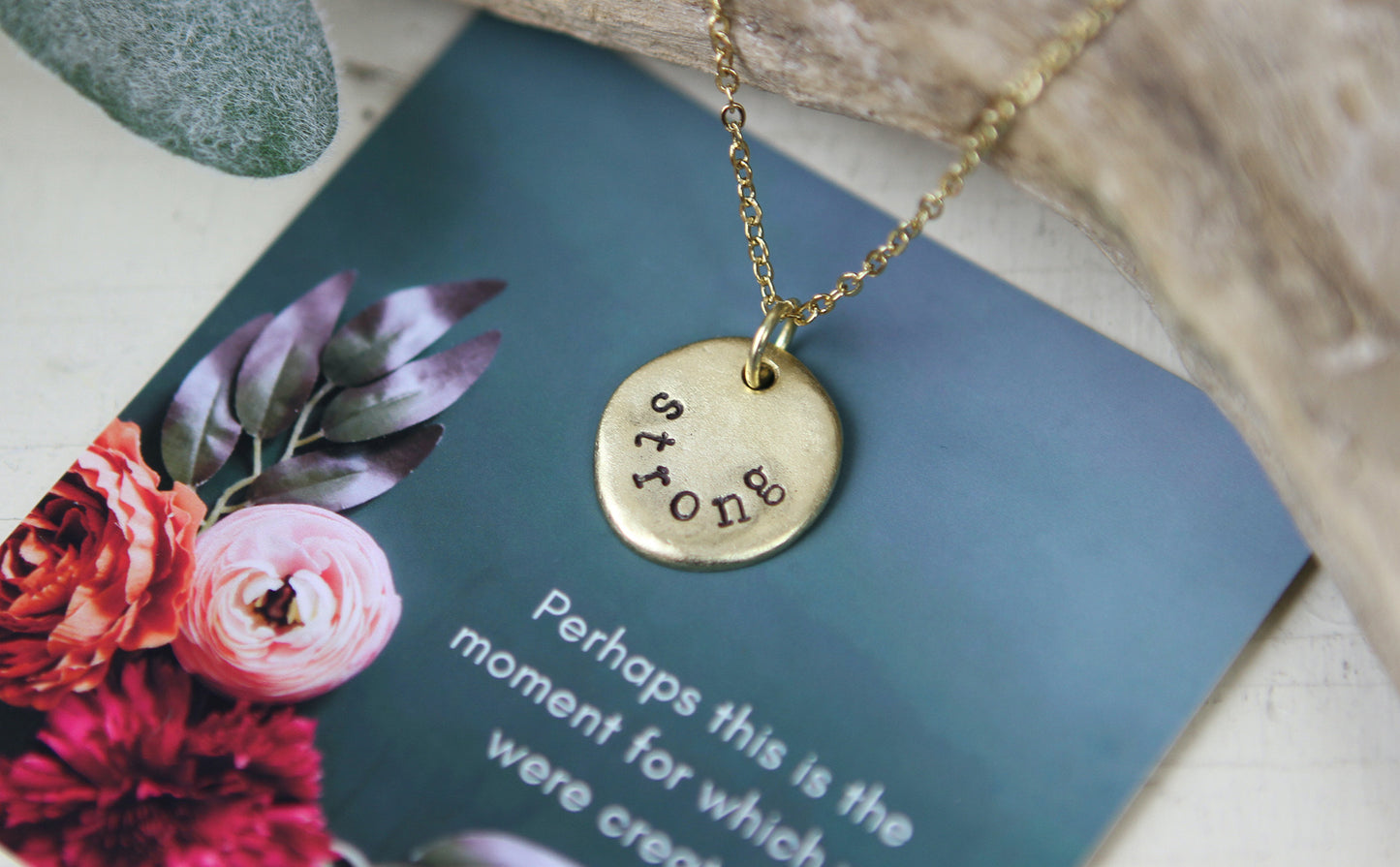 Strong Hand Stamped Scripture Necklace