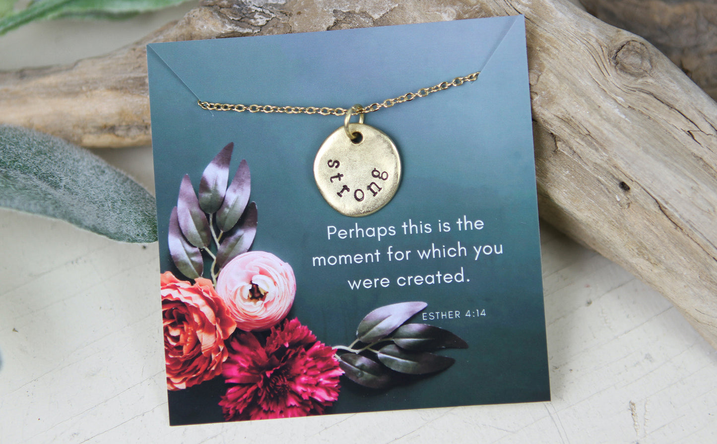 Strong Hand Stamped Scripture Necklace