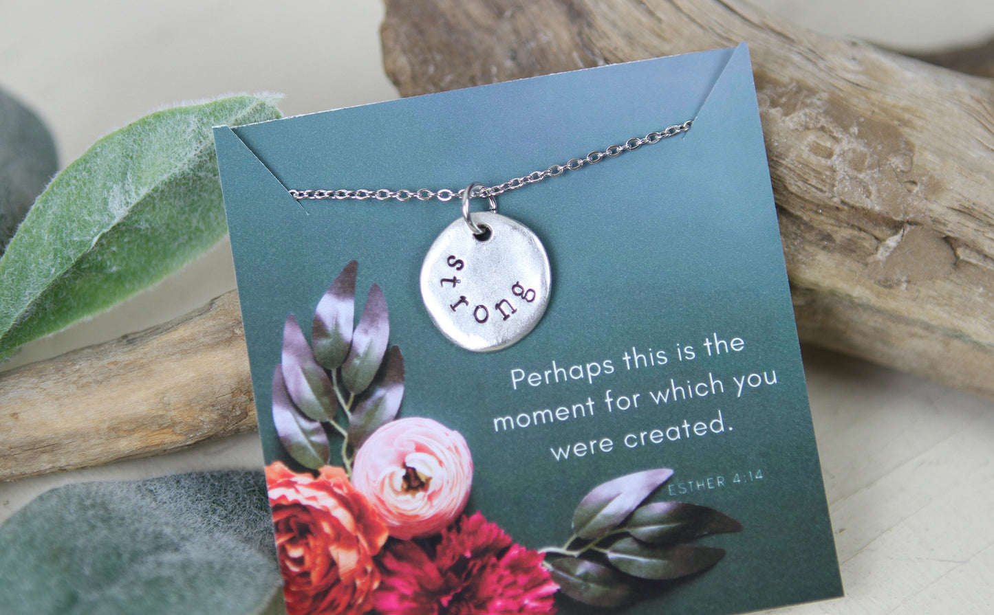 Strong Hand Stamped Scripture Necklace