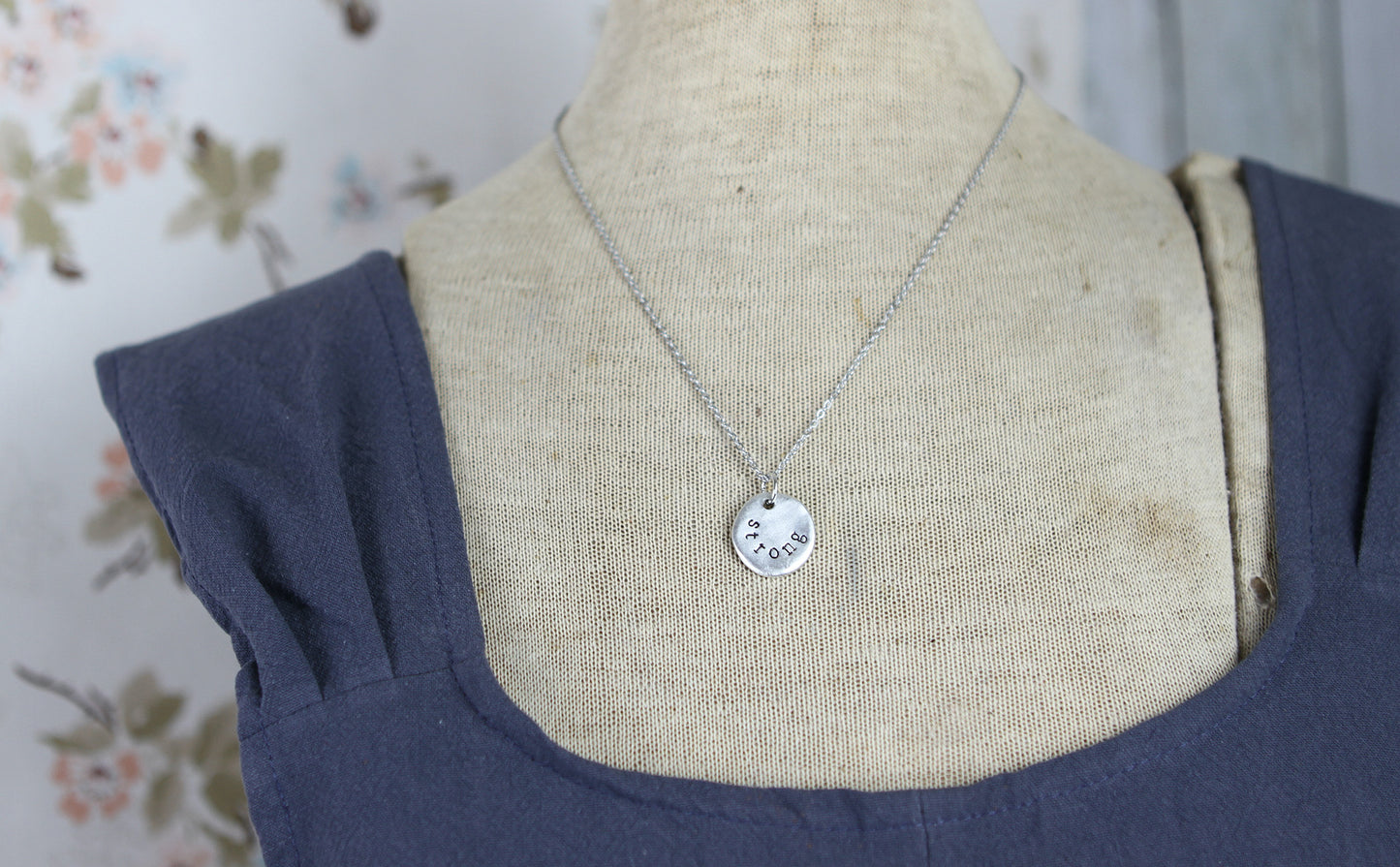 Strong Hand Stamped Scripture Necklace