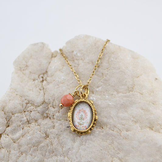 Vintage Wallpaper Pink Floral Ornate Oval Gold Necklace