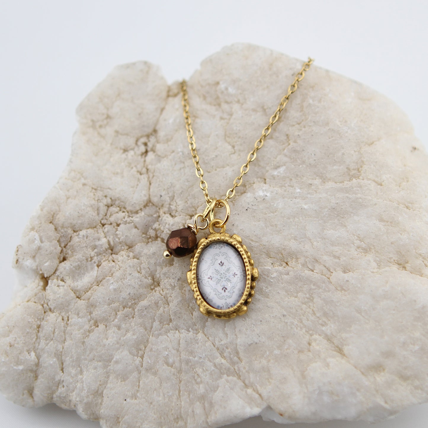 Vintage Wallpaper Brown and Blue Ornate Oval Gold Necklace