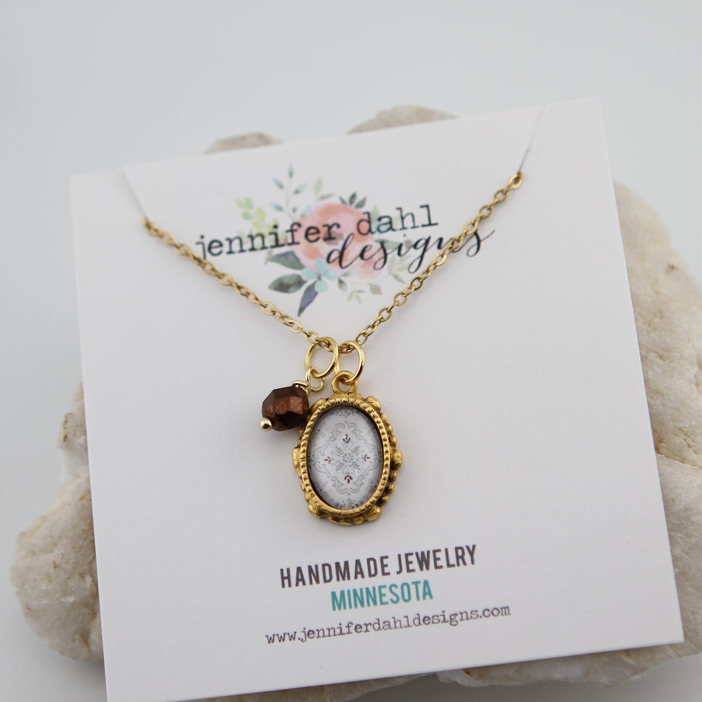 Vintage Wallpaper Brown and Blue Ornate Oval Gold Necklace