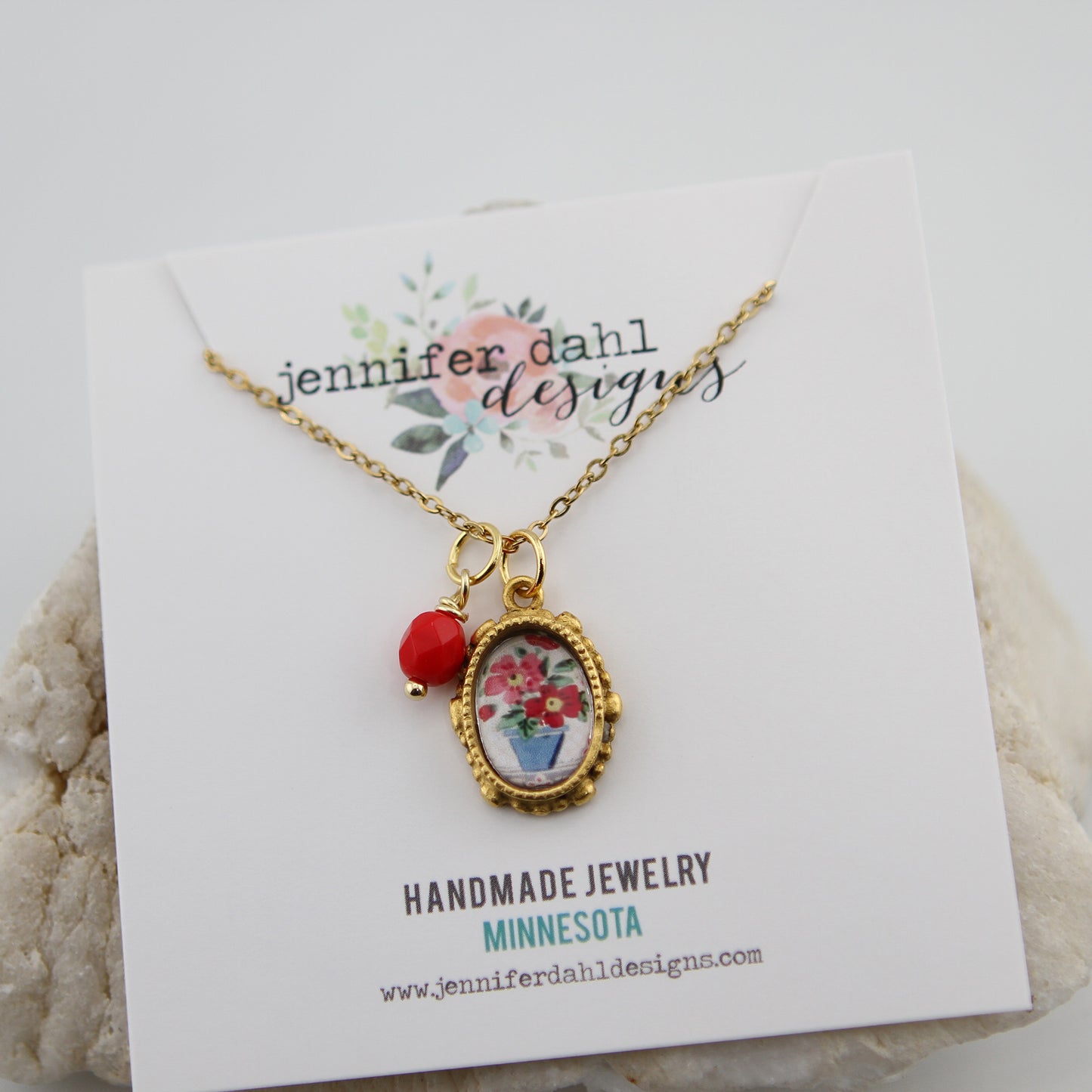 Vintage Wallpaper Red and Blue Floral Oval Gold Necklace