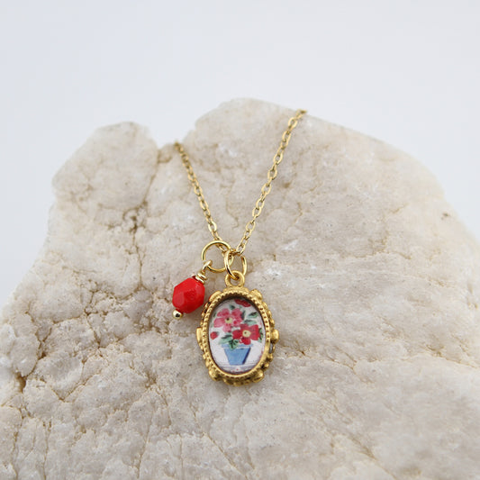 Vintage Wallpaper Red and Blue Floral Oval Gold Necklace