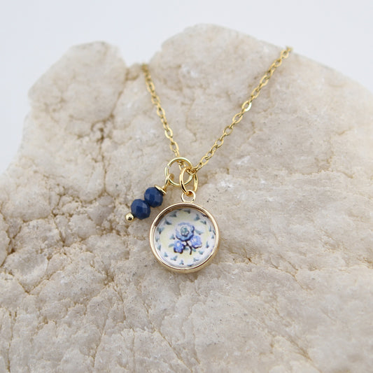 Vintage Wallpaper Blue and Yellow Floral Necklace