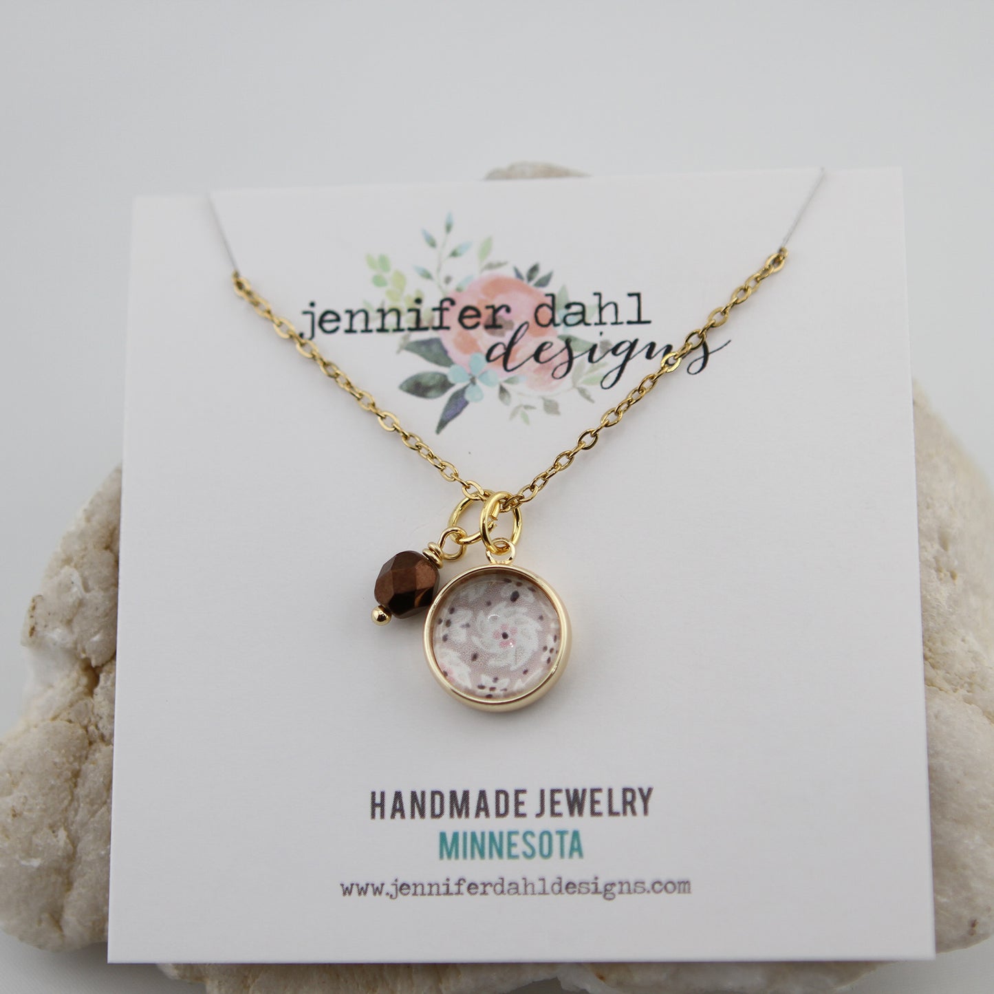 Vintage Wallpaper Cream and Brown Floral Necklace