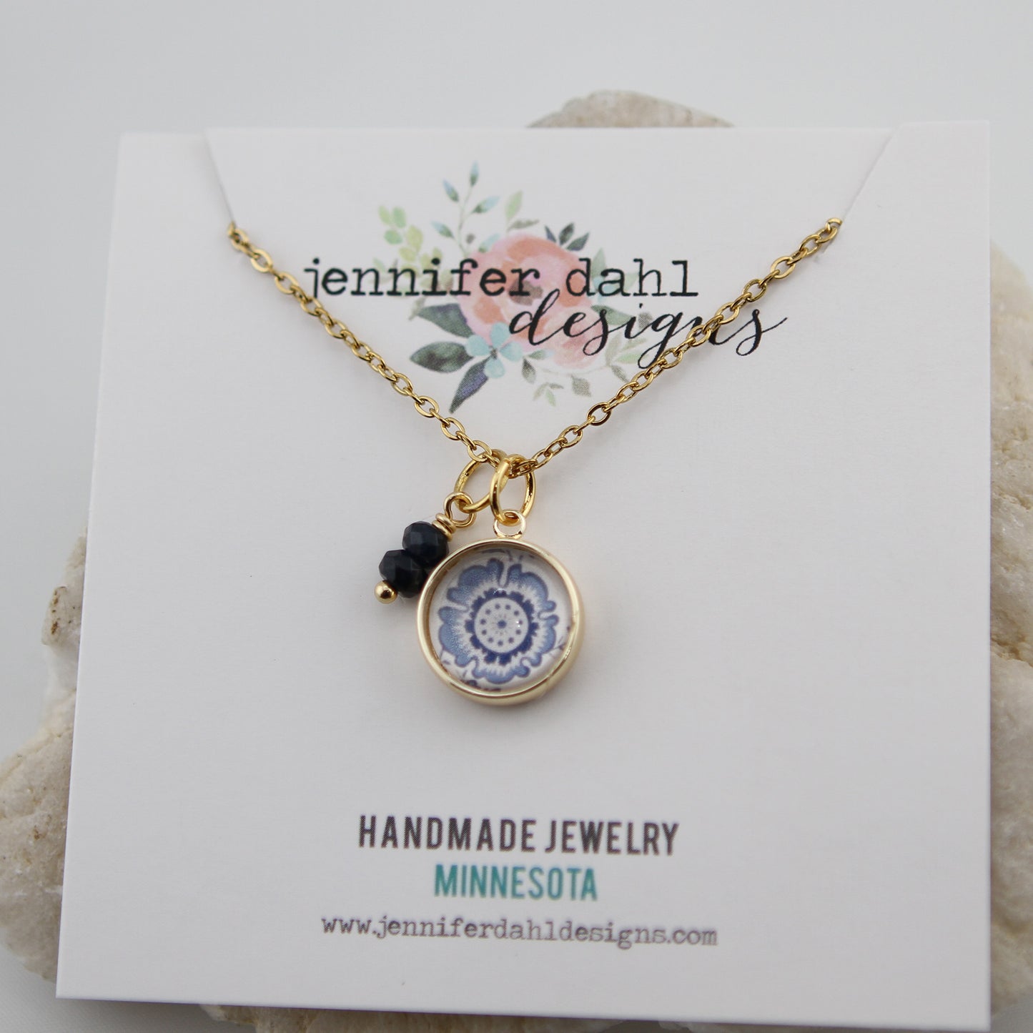 Vintage Wallpaper Navy and Blue Medallion Necklace