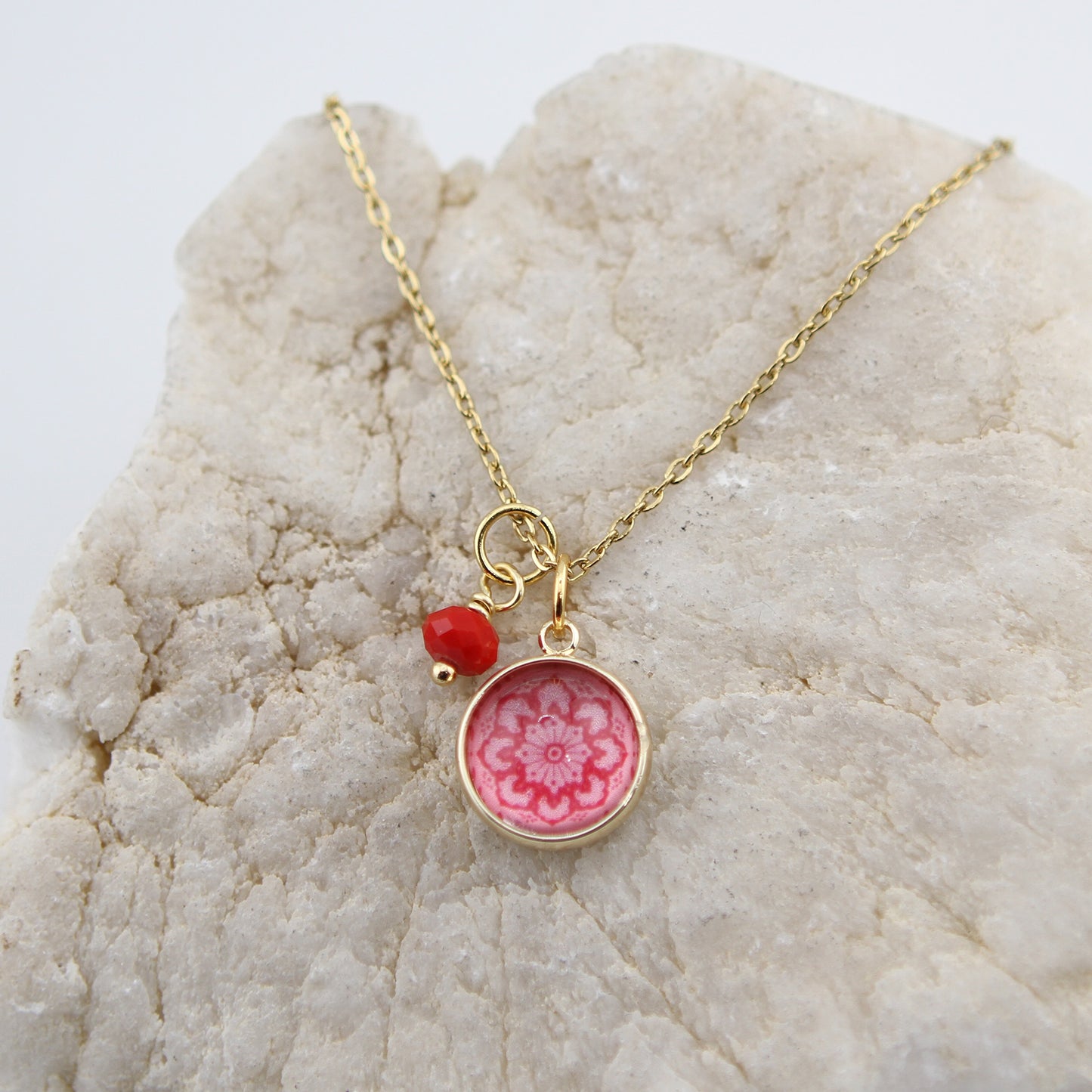 Vintage Wallpaper Pink and Red Medallion Necklace