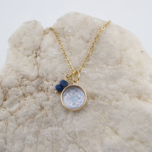 Vintage Wallpaper Aqua and Navy Floral Necklace