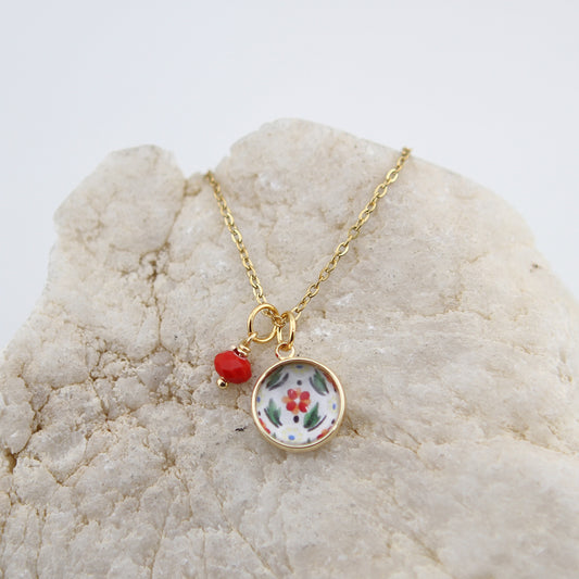 Vintage Wallpaper Red and Blue Floral Necklace