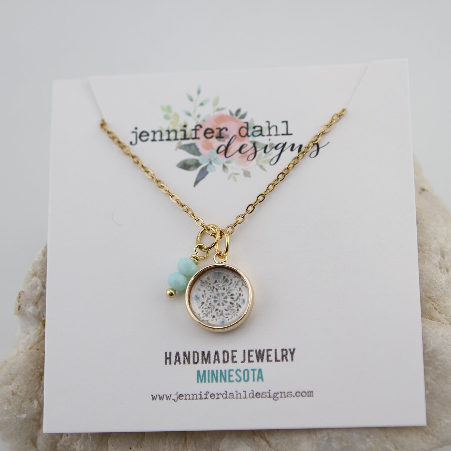 Vintage Wallpaper Aqua Medallion Necklace - Jennifer Dahl Designs